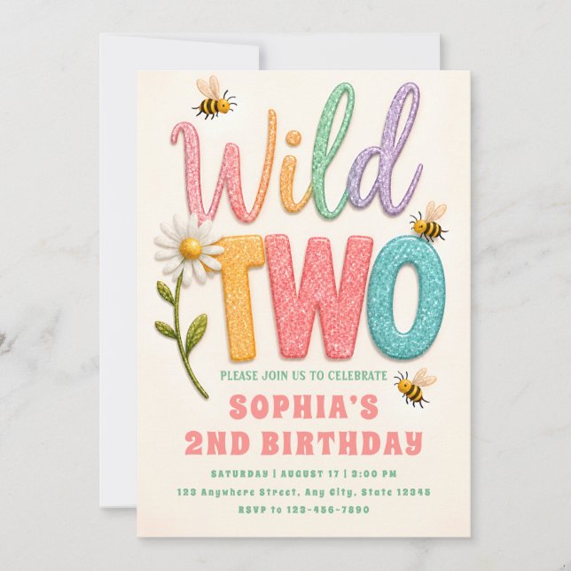 Convite de Aniversário de 2 anos Pastel Bee Daisy (Frente)