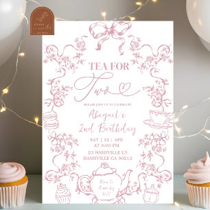 Convite de Aniversário de 2 anos Pink Toile Tea fo