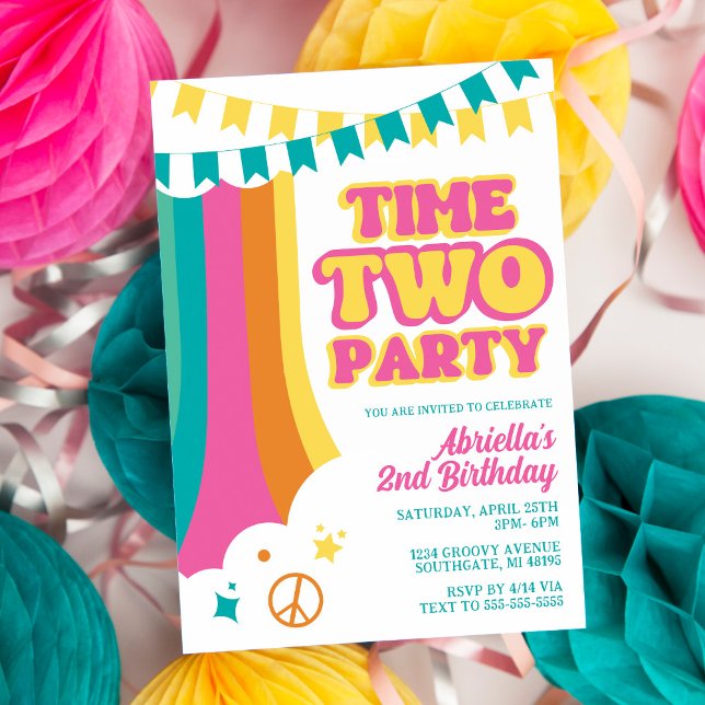 Convite de Aniversário de 2 anos Retro Time Two Pa (Criador carregado)