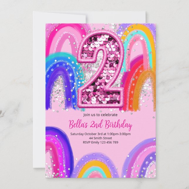 Convite de Aniversário de 2 anos Rosa EditableGirl (Frente)