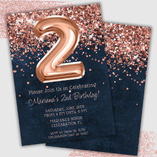 Convite de Aniversário de 2 Anos Rose Gold Azul Ma