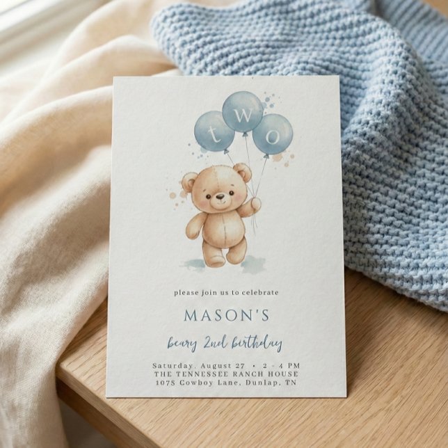 Convite de Aniversário de 2 anos Urso Teddy Aquare (Criador carregado)