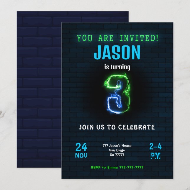 Convite de Aniversário de 3º Aniversário do Menino (Frente/Verso)