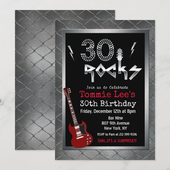Convite de Aniversário de 30 Anos 30 Rocks Guitarr (Frente/Verso)