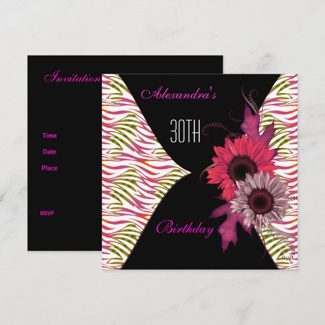 Convite de Aniversário de 30 anos Black Pink Flora (Frente/Verso)