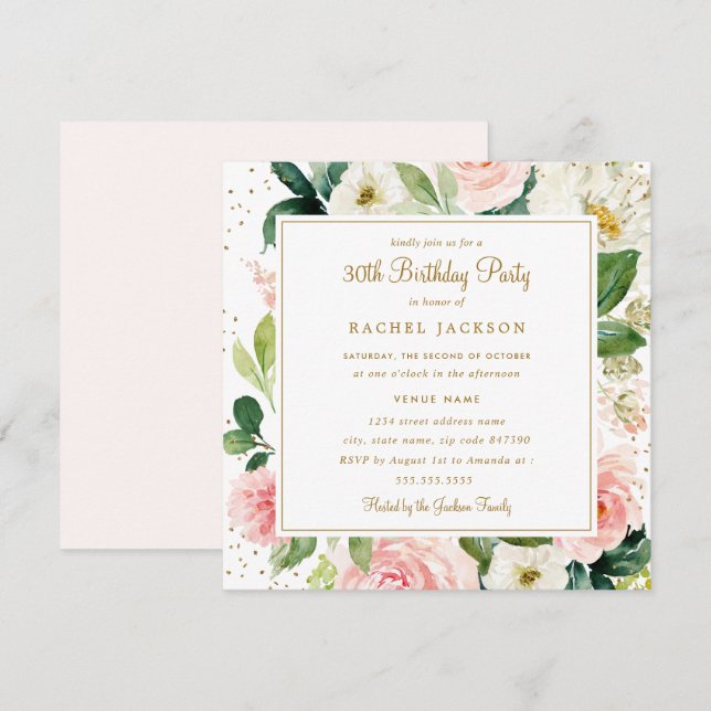 Convite de Aniversário de 30 anos Blush Gold Flora (Frente/Verso)