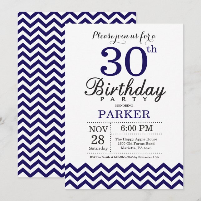 Convite de Aniversário de 30 anos Chevron Azul-Mar (Frente/Verso)