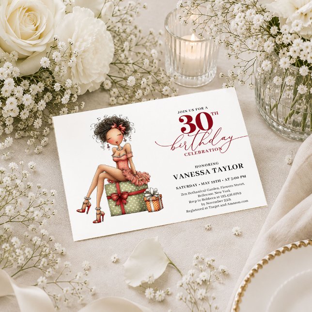 Convite de Aniversário de 30 Anos Chic Cartoon Mul (Chic Cartoon Woman 30th Birthday Marsala Script Invite

)