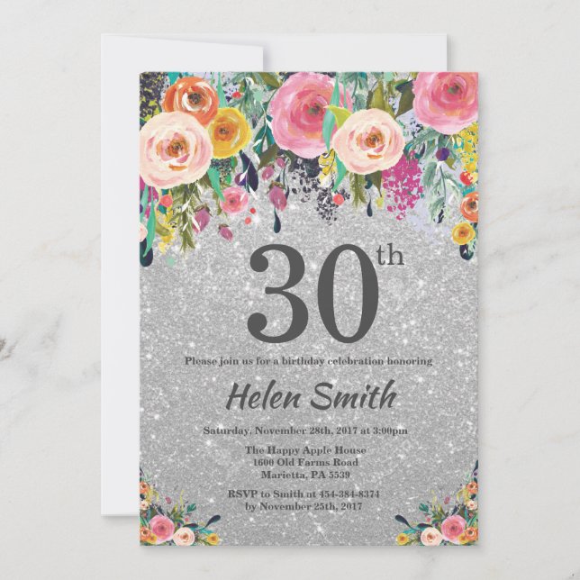 Convite de Aniversário de 30 anos com Floral Brilh (Frente)