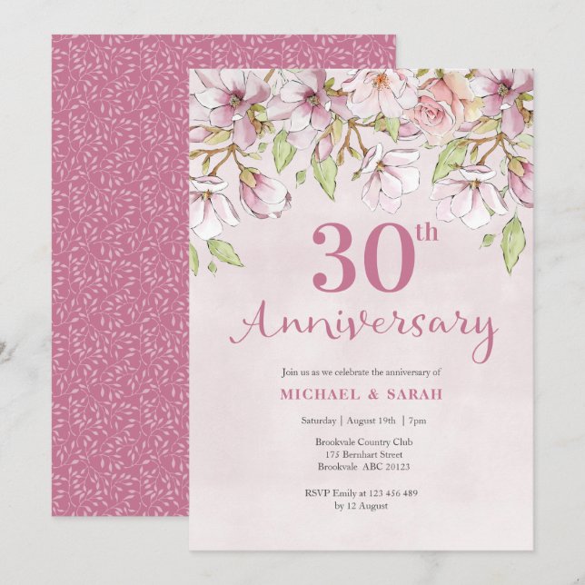 Convite de Aniversário de 30 Anos com Floral Rosa (Frente/Verso)