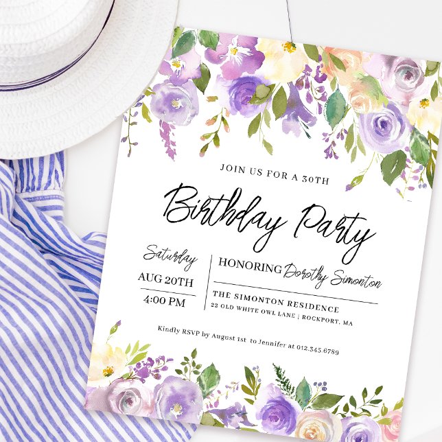 Convite de Aniversário de 30 anos com Floral Roxa  (Matching welcome sign and party supplies available. Message me for help finding them. )