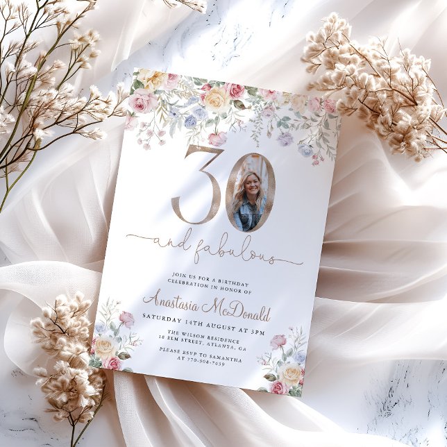 Convite de Aniversário de 30 anos com Foto Floral  (Criador carregado)