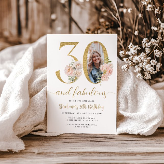 Convite de Aniversário de 30 anos com Foto Floral  (Criador carregado)