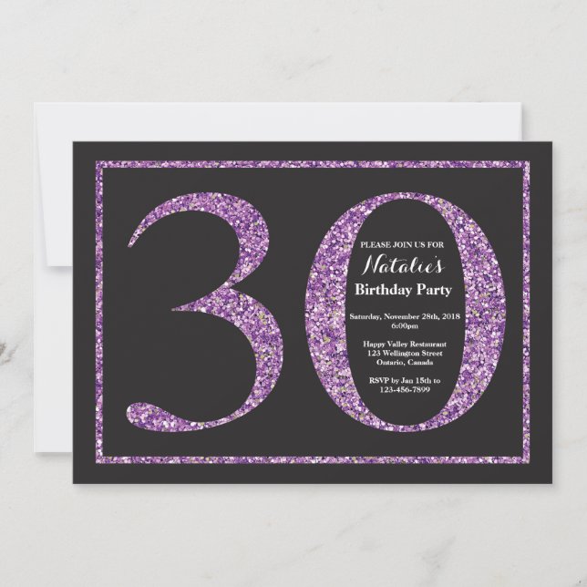 Convite de Aniversário de 30 anos com Glitter Roxo (Frente)
