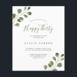 Convite de aniversário de 30 anos com orçamento el<br><div class="desc">Convite exclusivo de aniversário de trinta anos, com ilustração em aquarela de folhagem verde de eucalipto, moderno e rústico, com orçamento acessível. POR FAVOR, LEIA ISSO ANTES DE COMPRAR! Este é um cartão com orçamento acessível impresso em uma folha de papel (cada folha contém um cartão). Para a melhor relação...</div>