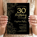 Convite de Aniversário de 30 anos com Tema Floral<br><div class="desc">Convite de Aniversário de 30 anos com Tema Floral Ouro Preto. Design moderno minimalista com desenhos de contorno botânico, folha de ouro falsa e fonte de letra script. Cartão de convite simples e moderno perfeito para uma celebração de aniversário feminina elegante. Pode ser personalizado para qualquer idade. Convites impressos da...</div>