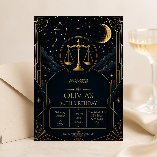 Convite de Aniversário de 30 anos de Libra | Arte  (Dark Art Deco Libra zodiac 30th birthday invitation with celestial details and elegant moody styling)