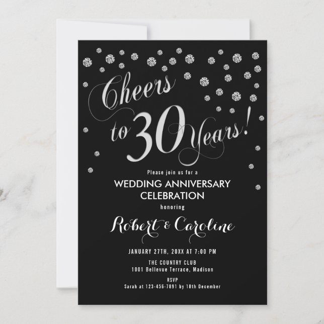 Convite de Aniversário de 30 anos em Preto e Prata (Frente)