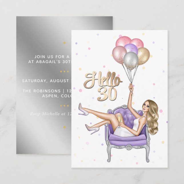 Convite de Aniversário de 30 Anos Feminino (Frente/Verso)