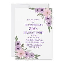 Convite de Aniversário de 30 anos Floral Roxo Eleg