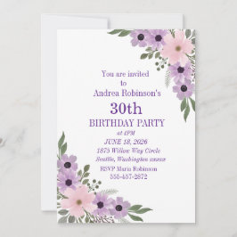 Convite de Aniversário de 30 anos Floral Roxo Eleg