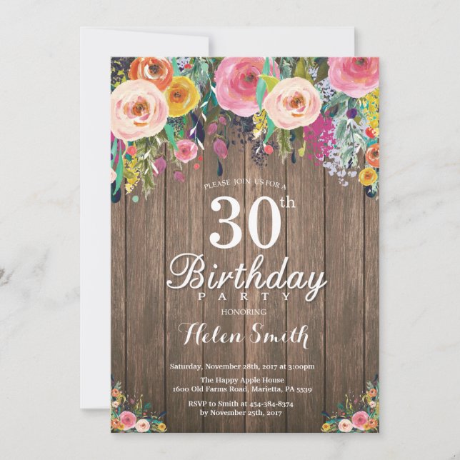 Convite de Aniversário de 30 anos Floral Rústico p (Frente)
