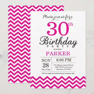 Convite de Aniversário de 30 anos Hot Pink Chevron