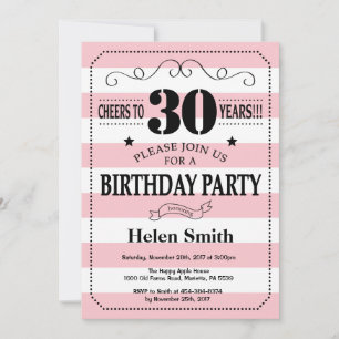 Convite de Aniversário de 30 anos Listras Rosa e B