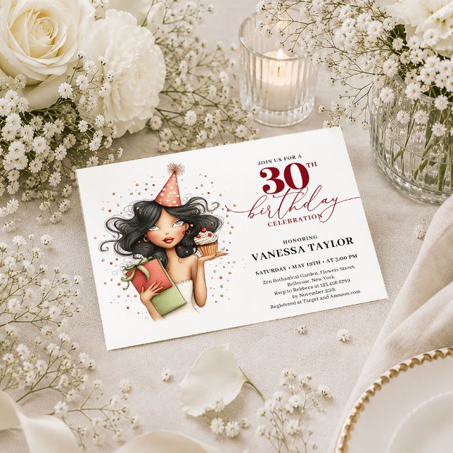 Convite de Aniversário de 30 Anos Mulher Cartoon E (Funny Cartoon Woman 30th Birthday Burgundy Marsala Invite

)