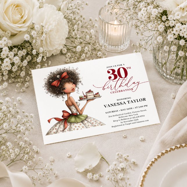 Convite de Aniversário de 30 Anos Mulher Cartoon E (Elegant Cartoon Woman 30th Birthday Deep Red Script Card

)