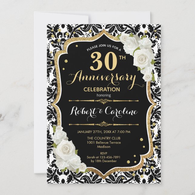 Convite de Aniversário de 30 anos - Preto Branco D (Frente)