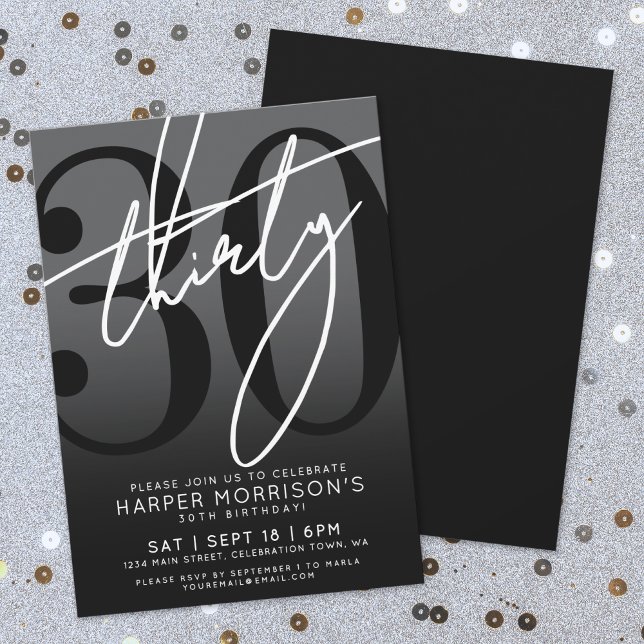 Convite de Aniversário de 30 Anos Preto Moderno (Modern Black 30th Birthday Party Invitation)
