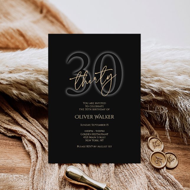 Convite de Aniversário de 30 Anos Preto Ouro Moder (Modern Black Gold 30th Birthday Invitation)