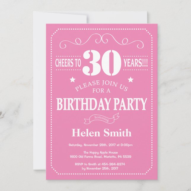Convite de Aniversário de 30 anos Rosa e Branco (Frente)