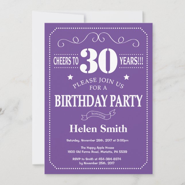 Convite de Aniversário de 30 Anos Roxo e Branco (Frente)