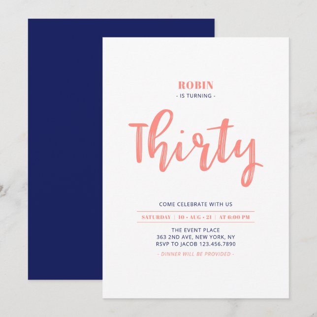 Convite de Aniversário de 30 anos Simples Coral &  (Frente/Verso)