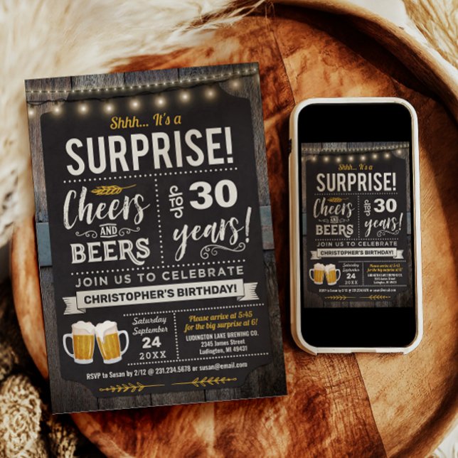 Convite de Aniversário de 30 anos Surpresa de Apla (Surprise Cheers and Beers 30th Birthday Invitation)