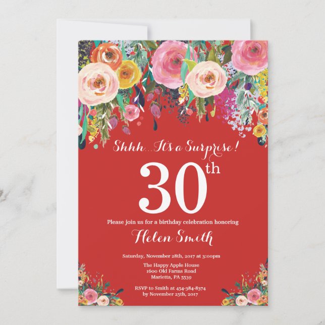 Convite de Aniversário de 30 anos Surpresa Floral  (Frente)