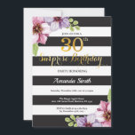 Convite de Aniversário de 30 anos Surpresa Mulhere<br><div class="desc">Convite de Aniversário de 30 anos surpresa para mulheres. Convite de festa de aniversário preto e dourado. Brilho dourado. Flor floral aquarela roxa. Listras pretas e brancas. Digital Imprimível. Para personalização adicional,  clique no botão "Personalize" e use nossa ferramenta de design para modificar este modelo.</div>