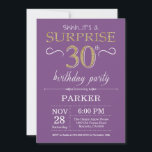 Convite de Aniversário de 30 anos Surpresa Roxo e<br><div class="desc">Convite de Aniversário de 30 anos Surpresa com Fundo de Brilho Roxo e Dourado. Aniversário de Adulto. Convite de Aniversário para Homens ou Mulheres. Qualquer idade. Para personalização adicional,  clique no botão "Personalize" e use nossa ferramenta de design para modificar este modelo.</div>