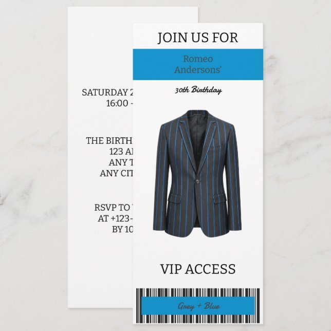 Convite de Aniversário de 30 anos VIP Terno Cinza  (Frente/Verso)
