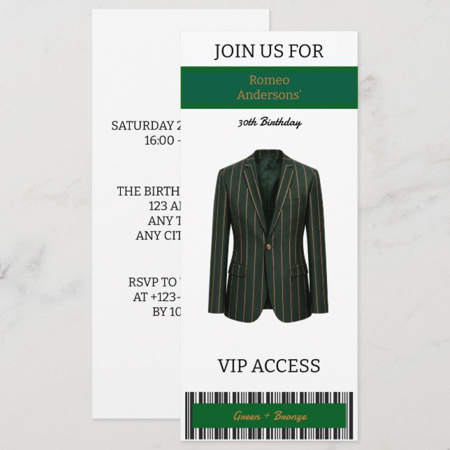 Convite de Aniversário de 30 anos VIP Terno Verde  (Frente/Verso)