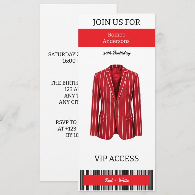 Convite de Aniversário de 30 anos VIP Terno Vermel (Frente/Verso)