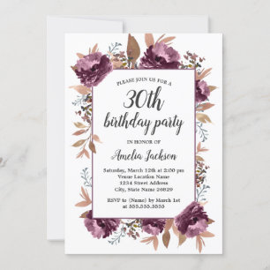 Convite de Aniversário de 30 anos Watercolor Purpl