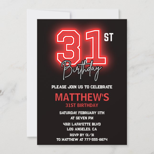 Convite de aniversário de 31 anos Neon Preto para  (Frente)