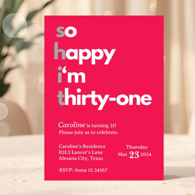 Convite de Aniversário de 31 Anos para Ela Trinta  (Minimalist 31st Birthday Invitation Hot Pink)