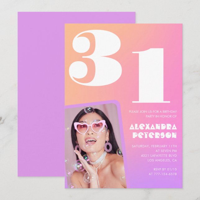 Convite de aniversário de 31 anos Pink Gradient Re (Frente/Verso)