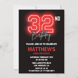 convite de aniversário de 32 anos Neon Preto para 