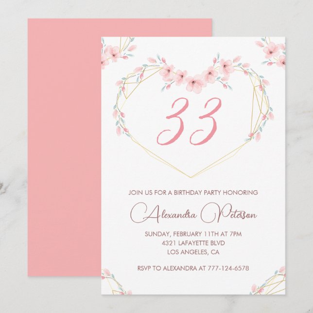 convite de aniversário de 33 anos Boho Floral Eleg (Frente/Verso)