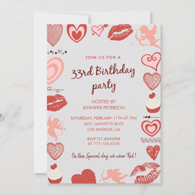 convite de aniversário de 33 anos Cinza Vermelho A (Frente)